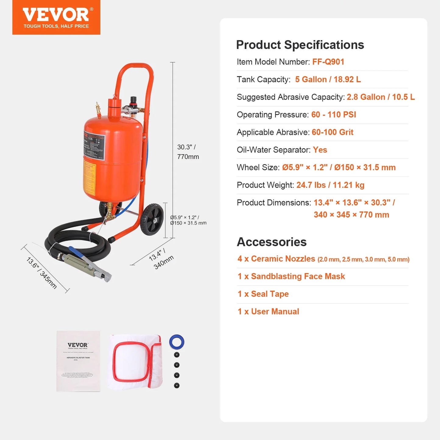 SKYSHALO 5 Gallon Portable Sand Blaster, 60-110PSI blasting Equipment Powerful and Efficient Portable Sand Blaster, Air Sand Blasting Kit with 4 Ceramic Nozzles and Oil-Water Separator for Paint