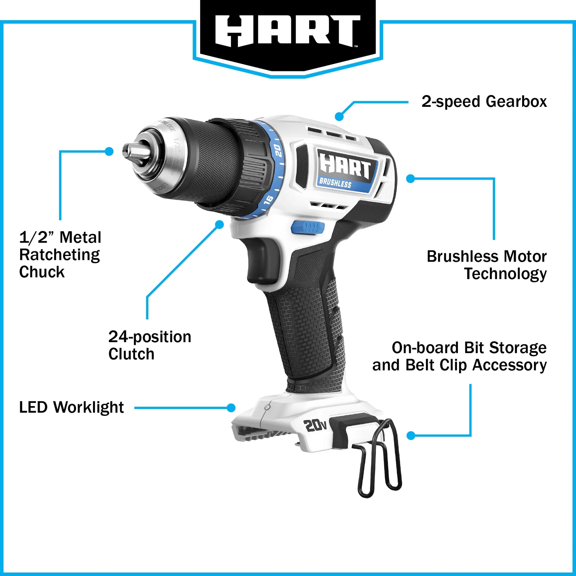HART Cordless 20-Volt Brushless 1/2-inch Drill/Driver (Battery Not Included), New Condition