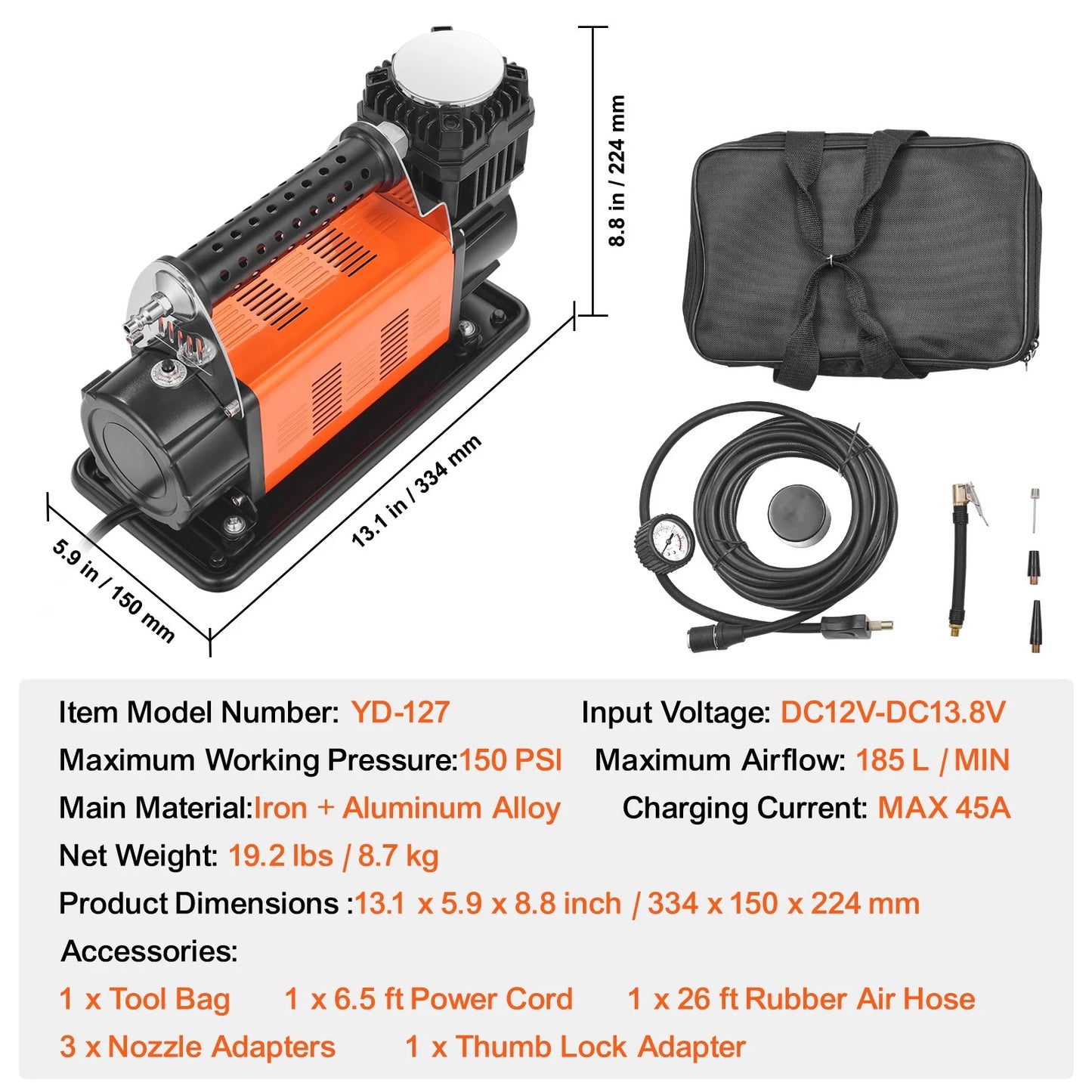 Heavy Duty Air Compressor 7.06CFM 150PSI Portable Tire Inflator Air Pump