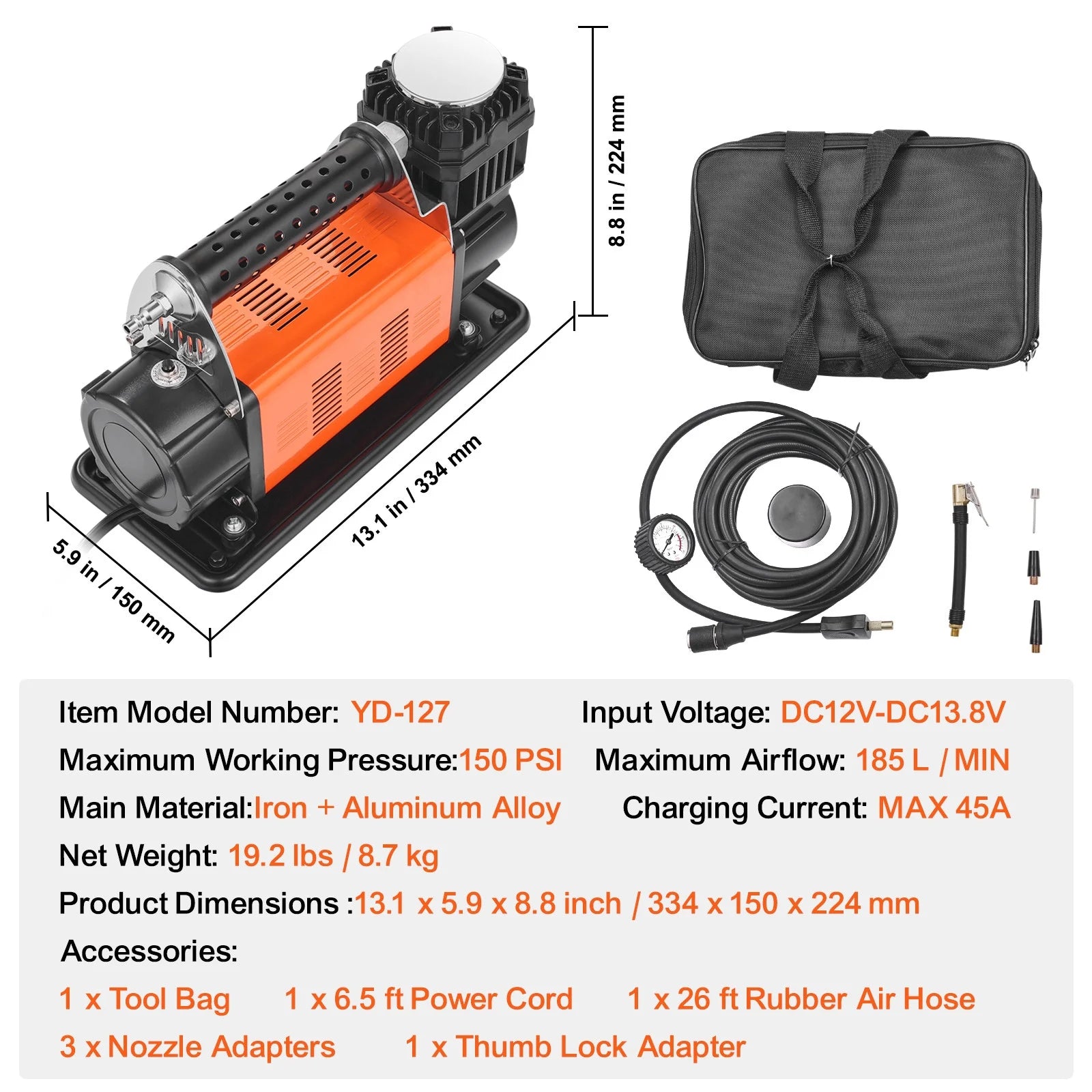 Heavy Duty Air Compressor 7.06CFM 150PSI Portable Tire Inflator Air Pump