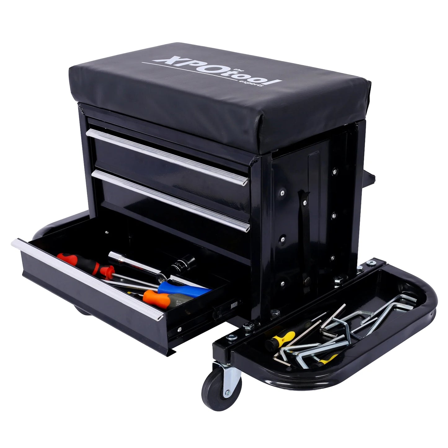 350-Pound Capacity Garage Glider Rolling Tool Chest SeatMechanics Roller Seat with 3 Drawers, Rolling Tool Chest Garage Chair, Toolbox on Wheels Mechanics Seat