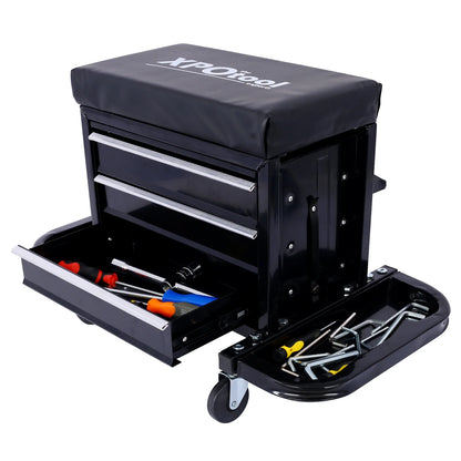 350-Pound Capacity Garage Glider Rolling Tool Chest SeatMechanics Roller Seat with 3 Drawers, Rolling Tool Chest Garage Chair, Toolbox on Wheels Mechanics Seat