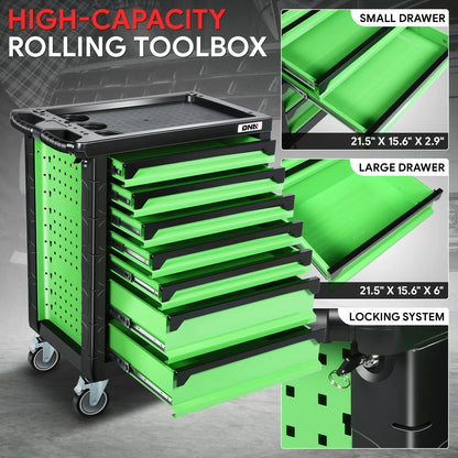 7-Drawers Rolling Tool Chest Cabinet with Casters, Locking System, Top Tray, for Garage Warehouse Workshop, Green