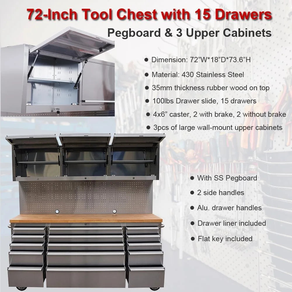 72 Inch Stainless Steel Rolling Tool Chest with 15 Drawers + 3 Upper Cabinets, Mobile Workbench, Assembled Large Tool Box Lockable Storage Cabinet with Wheels for Garage Workshop