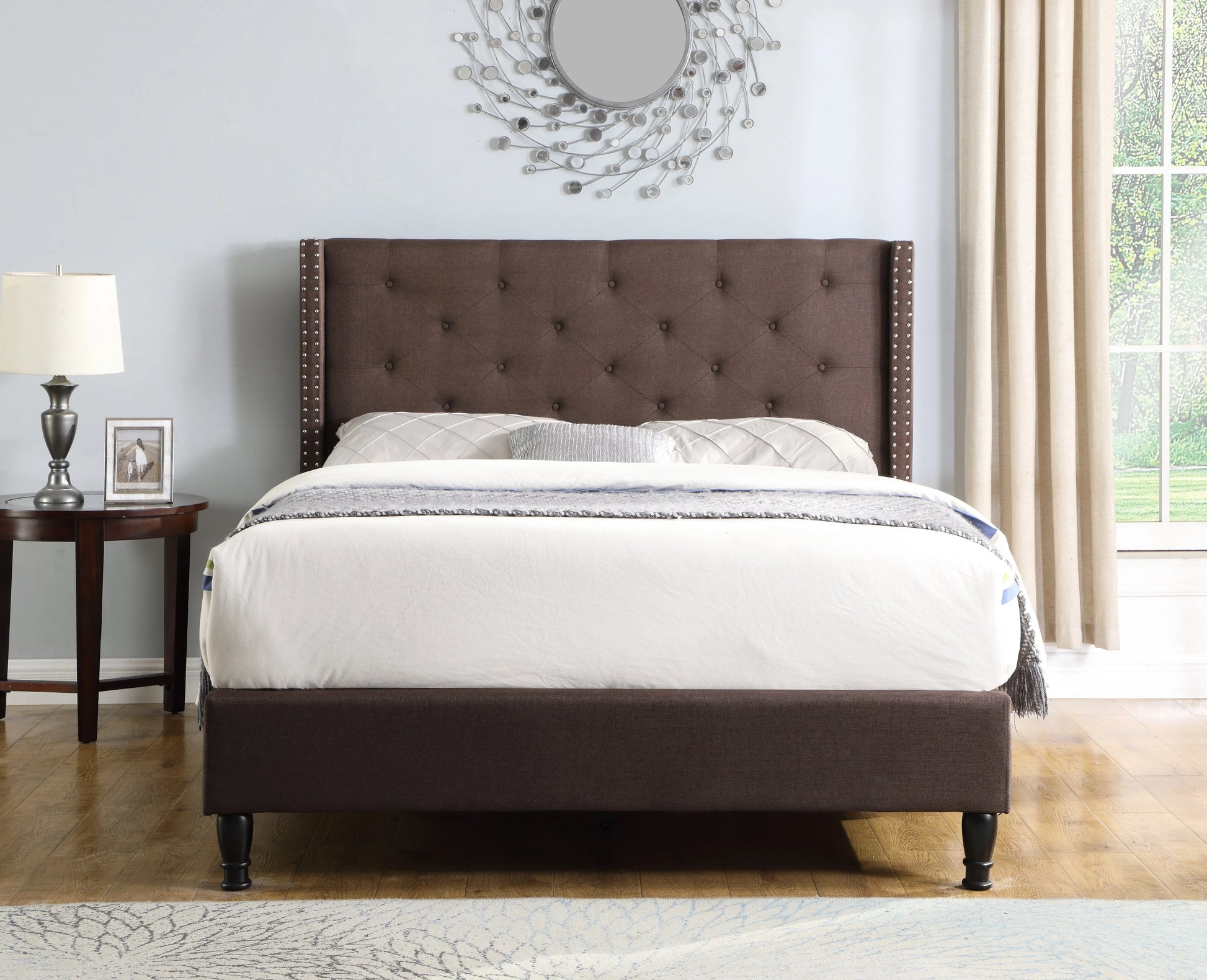 Full Size Upholstered Platform Bed Frame with 51" Tall Headboard - Button Tufted Cloth Bed - Wood Slat Support with Storage Space- No Box Spring Needed- Easy Assembly- Brown - OLIVER & SMITH