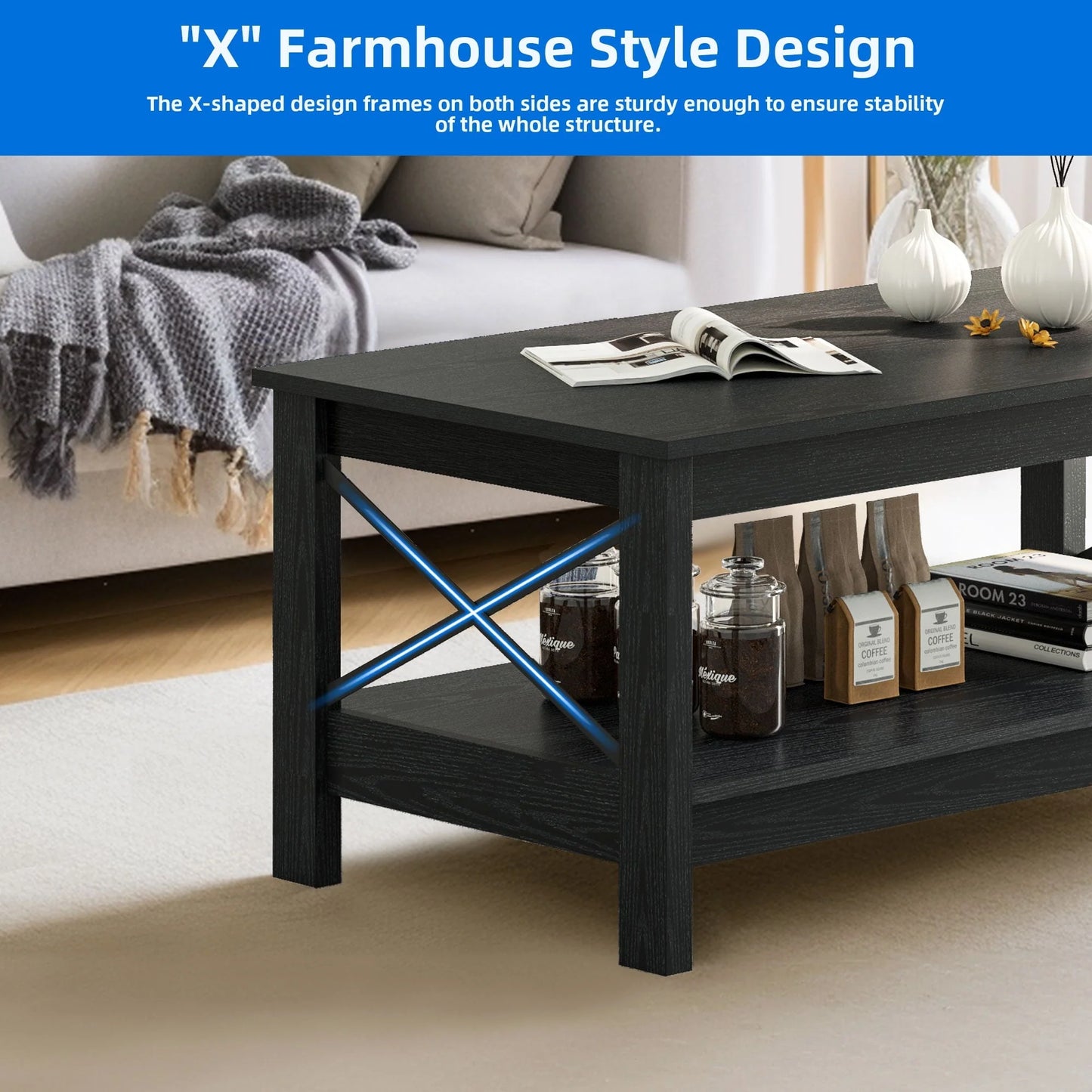Dextrus Farmhouse Coffee Table with Open Storage Shelf, 2-Tier Thicken Wood Accent Cocktail Center Ends Table for Living Room Home Office, Black