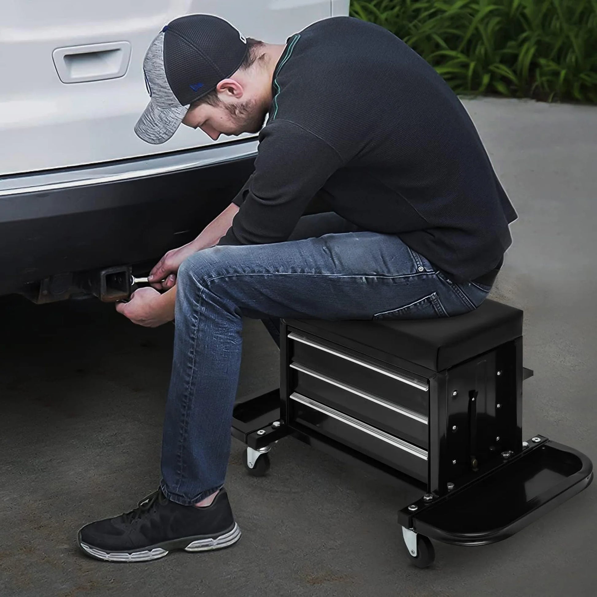 Aukfa Tool Chest Seat, Steel Rolling Tool Box with Wheels and Foldable Magnetic Storage Trays, 3-Drawers, 350LBS Capacity, Black
