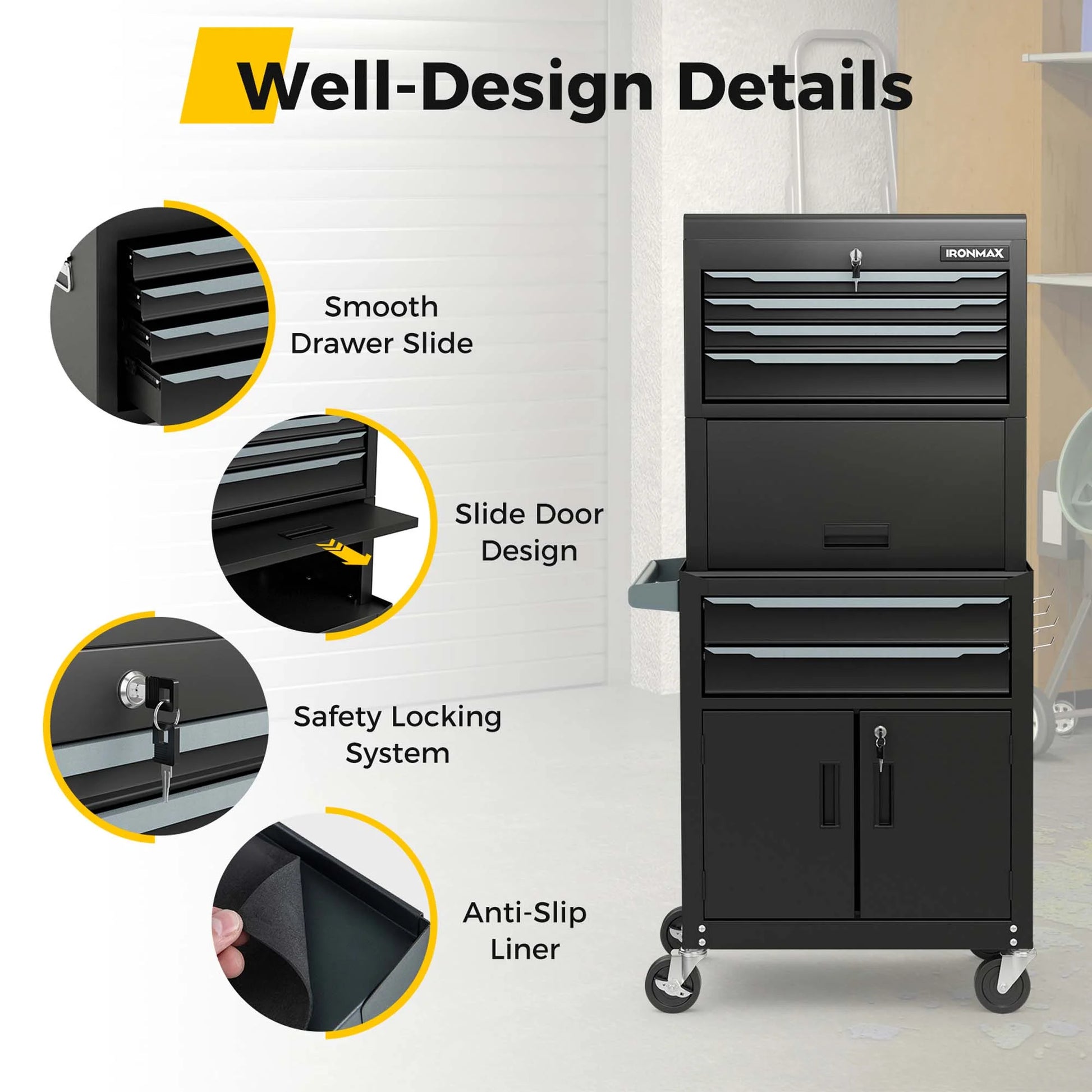 Ironmax 6-Drawer Rolling Tool Chest 3-in-1 Heavy-Duty Storage Cabinet with Universal Wheels Black