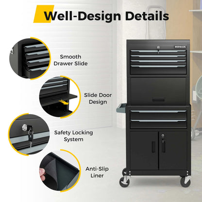 Ironmax 6-Drawer Rolling Tool Chest 3-in-1 Heavy-Duty Storage Cabinet with Universal Wheels Black