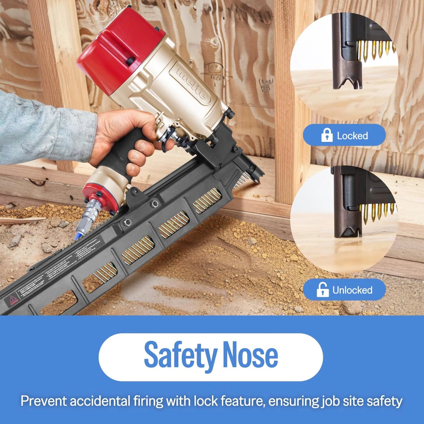Meite SN2183F Pneumatic Framing Nailer 21 Degree 2" to 3-1/4" Length Plastic Plastic Collated Round Head Framing Nail Gun