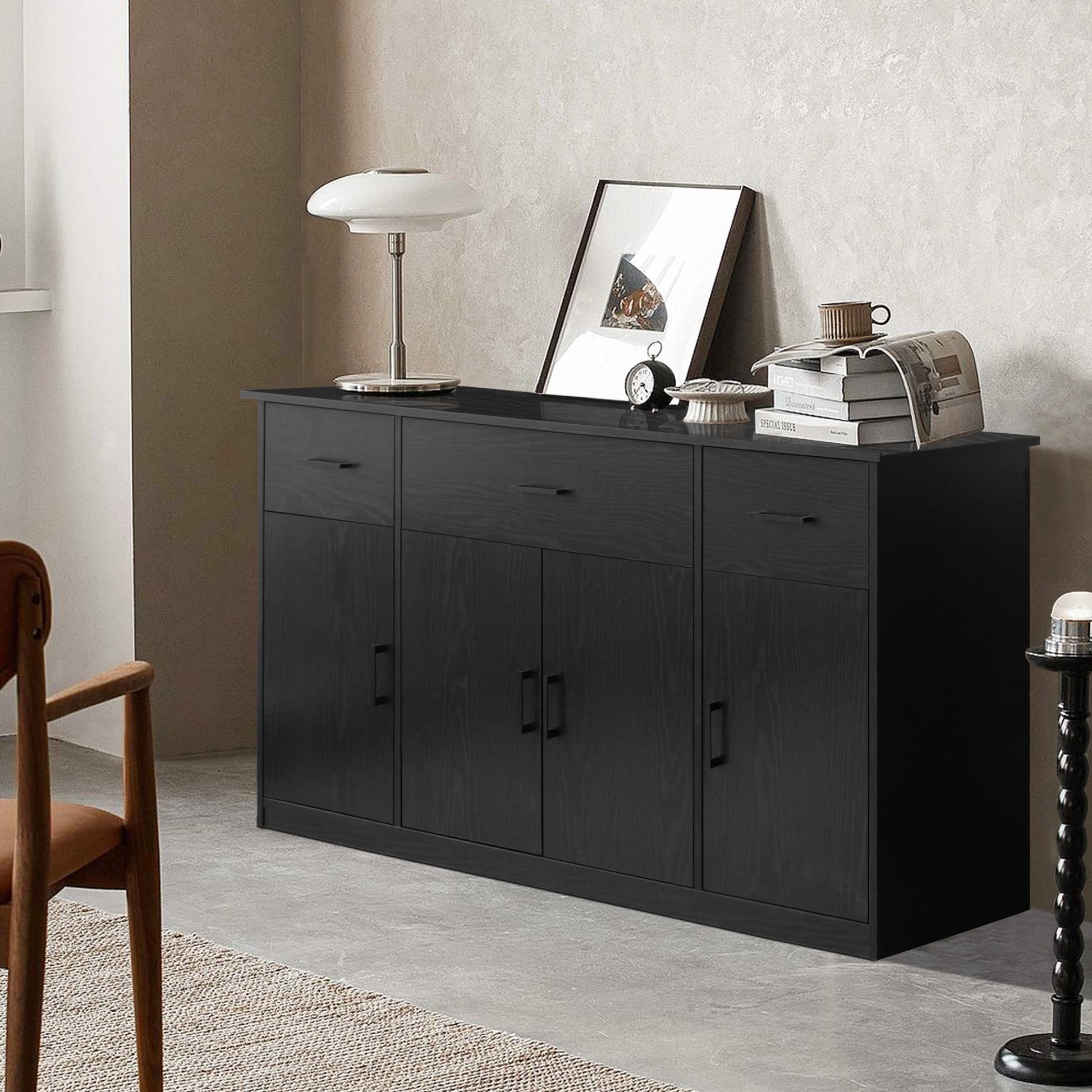 VEIKOUS Sideboard Buffet Cabinet Kitchen Cupboard Storage Cabinet with 3 Drawers and 4 Doors, Black