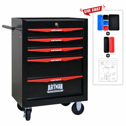 POVANLI 5 Drawer Portable Tool Box With Wheels,Tool Chest With Key Locking Tool Boxes/Organizers Black& Red