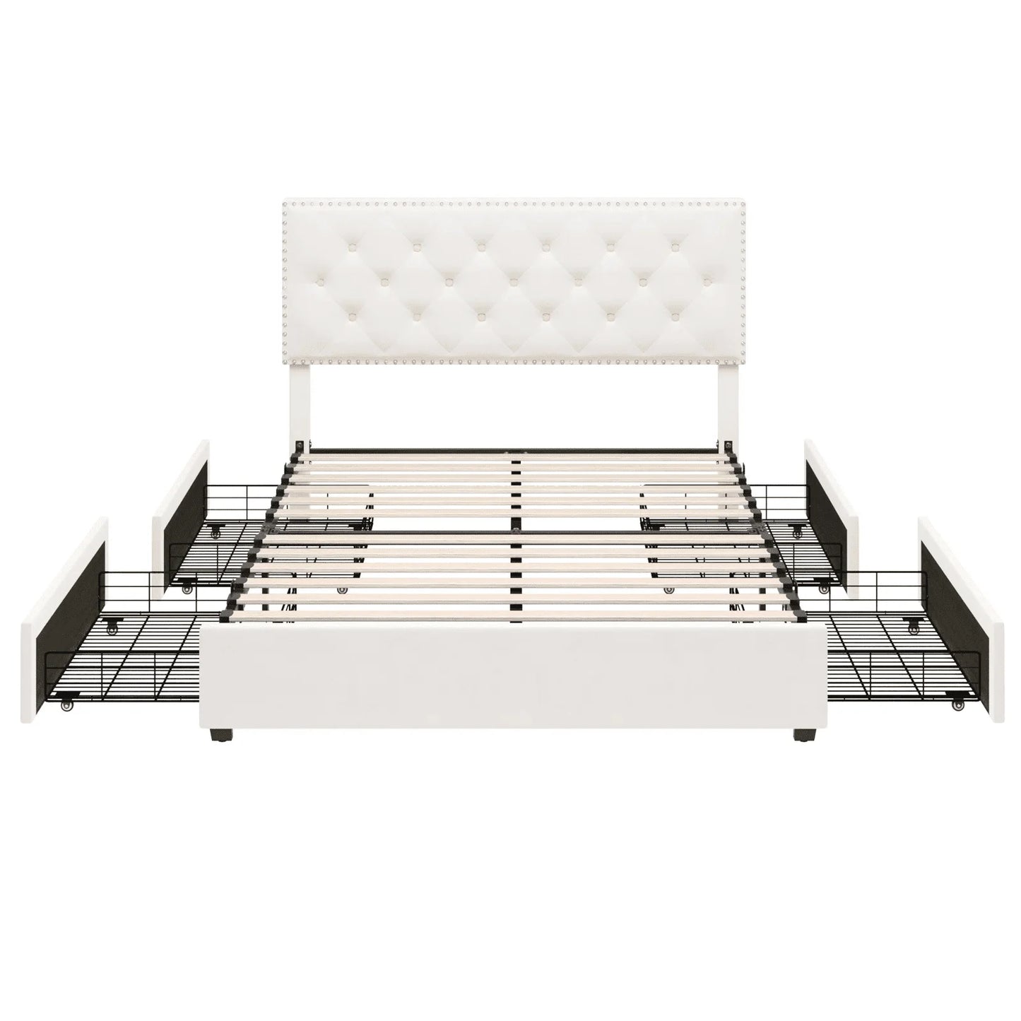 Homfa Queen Size Storage Bed with 4 Drawers, Button Tufted Upholstered Platform Bed Frame with Adjustable Headboard, Off-White