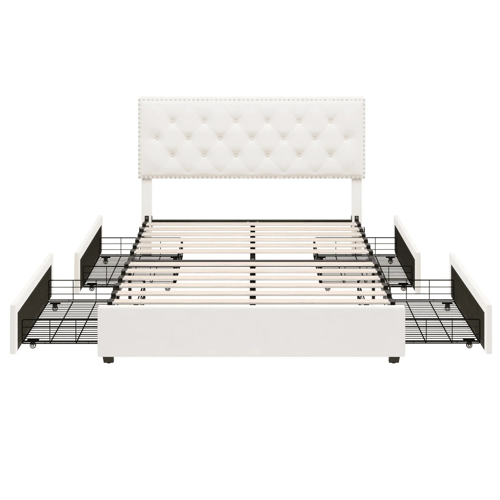 Homfa Queen Size Storage Bed with 4 Drawers, Button Tufted Upholstered Platform Bed Frame with Adjustable Headboard, Off-White