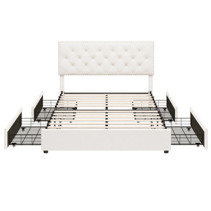 Homfa Queen Size Storage Bed with 4 Drawers, Button Tufted Upholstered Platform Bed Frame with Adjustable Headboard, Off-White
