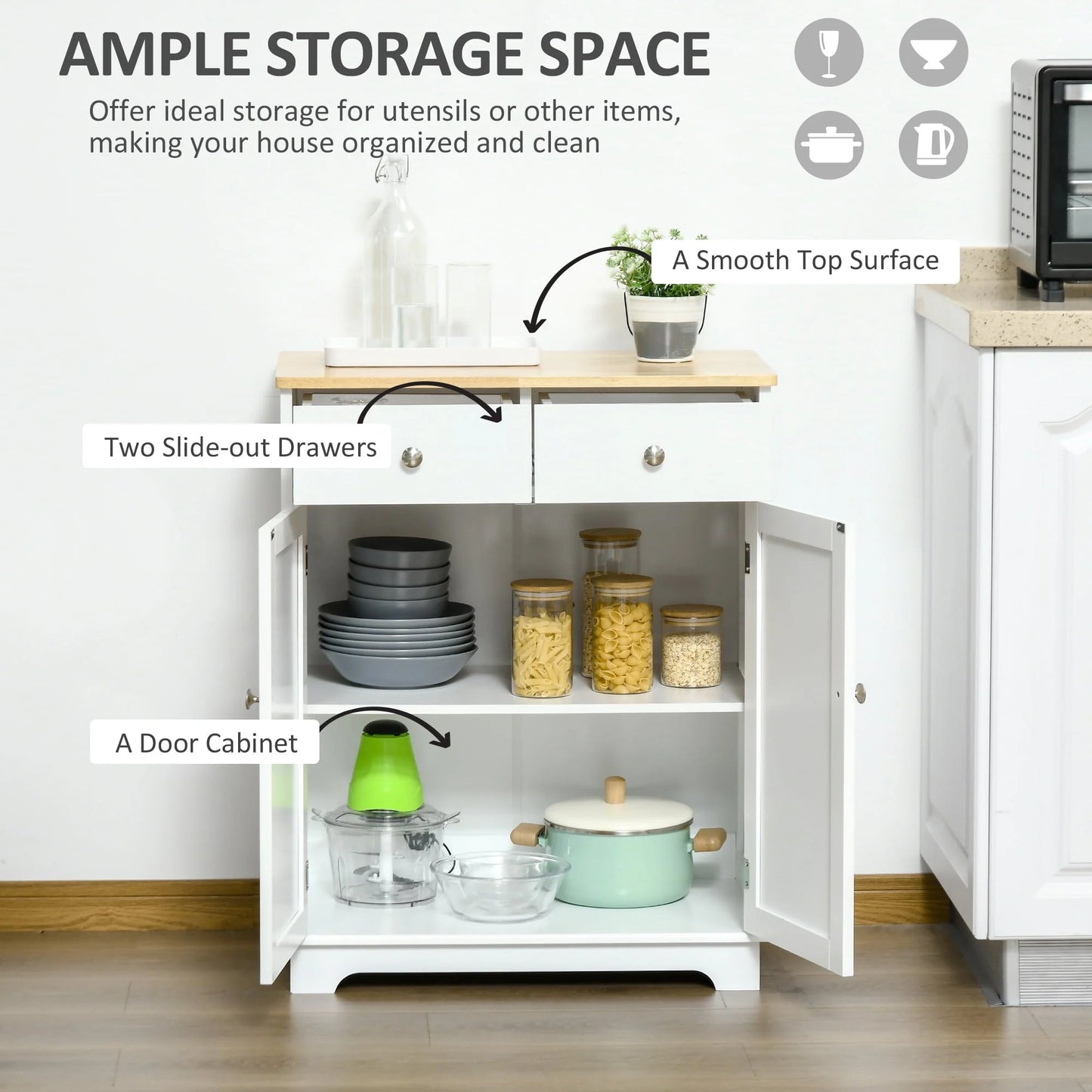 HOMCOM Space Saving Kitchen Sideboard with Functional Storage Cabinet with Adjustable Shelf for Kitchen/Living Room, White