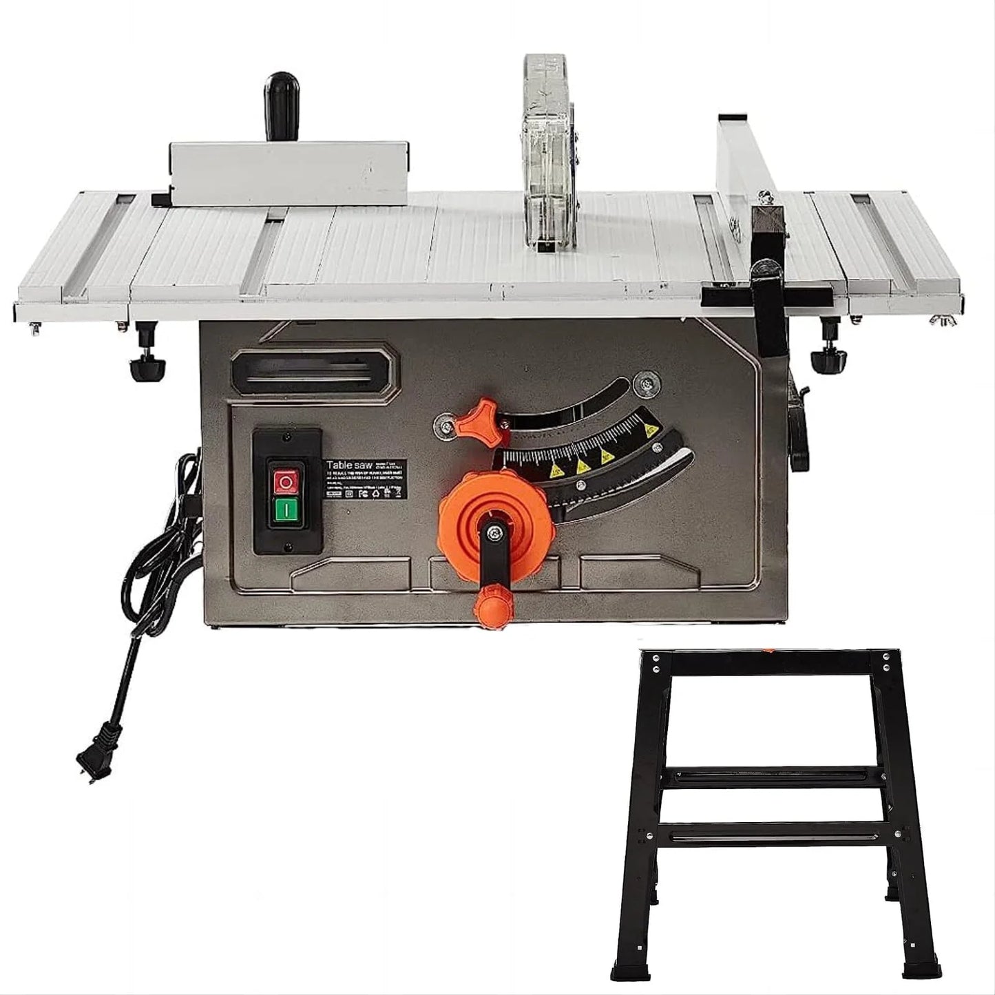 Garvee 10" Table Saw - 15A Electric Table Saw with Metal Stand, 90? Cross Cut & 0-45? Bevel Cut, Cutting Speed Up to 5000RPM Multifunctional Saw Adjustable Blade Height for Woodworking,Gray
