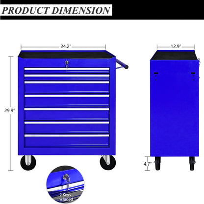 7 Drawer Tool Chest with Wheels,Metal Locking Rolling Tool Box with Tool Organizer Trays for Tool Storage Organizer,Portable Standing Mechanic Toolbox for Garage,30 in Tall Tool Cabinet