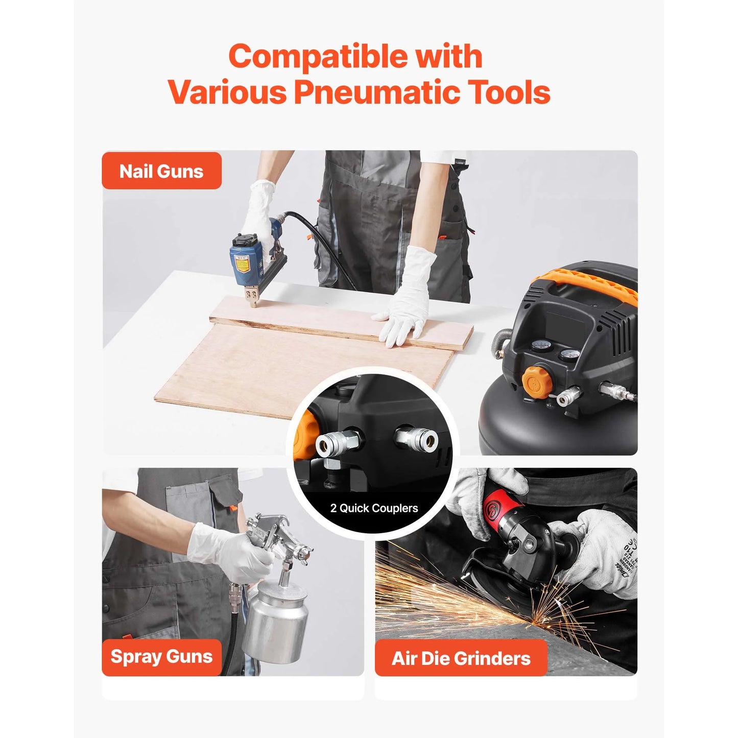 KFFKFF 6-Gallon Portable Air Compressor, 1.7HP Motor, 2.3CFM@90PSI, 150PSI Max Pressure, Includes 12-Piece Accessory Kit and 25FT Air Hose for Tire Inflation, Painting, and Woodworking