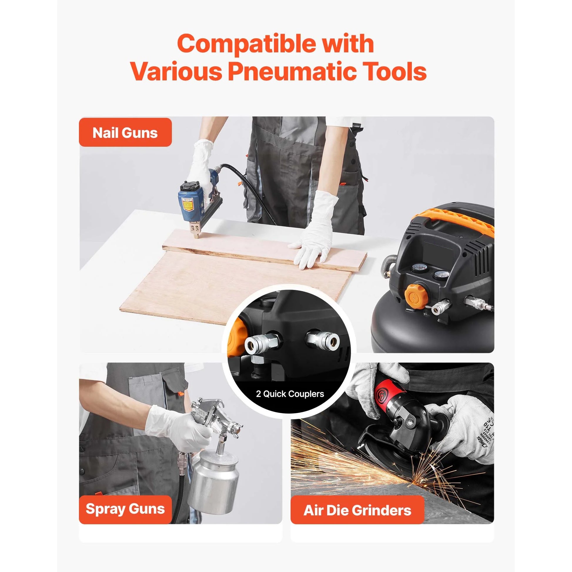 KFFKFF 6-Gallon Portable Air Compressor, 1.7HP Motor, 2.3CFM@90PSI, 150PSI Max Pressure, Includes 12-Piece Accessory Kit and 25FT Air Hose for Tire Inflation, Painting, and Woodworking