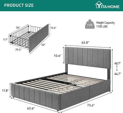 Dextrus Upholstered Platform Bed Frame with 4 Storage Drawers and Adjustable Headboard, Mattress Foundation with Sturdy Wood Slat Support, No Box Spring Needed, Grey(Queen)