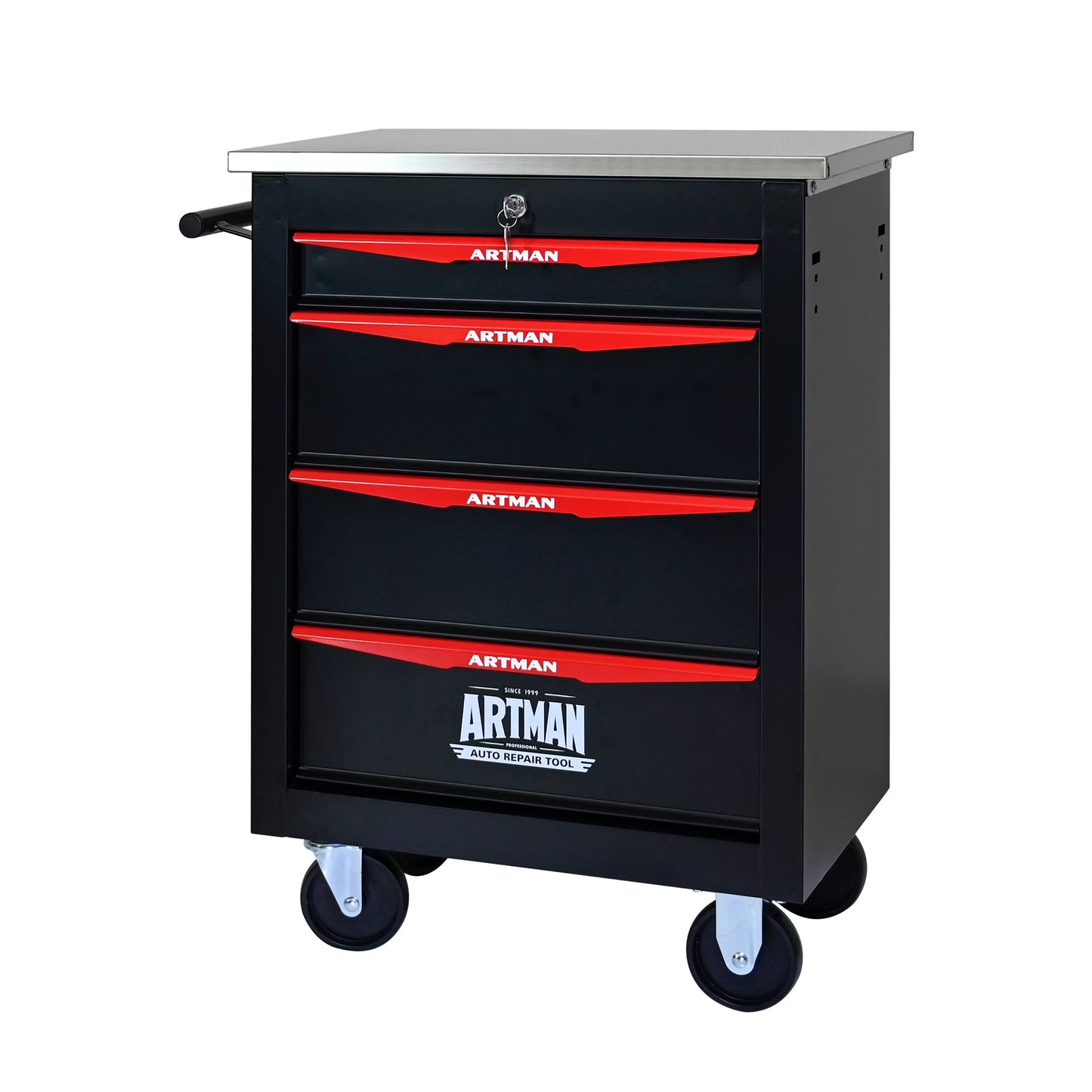 JXXRZ 4-Drawer Rolling Tool Cart with Wheels, Stainless Steel Top & Lock for Garage Workshop, Black& Red