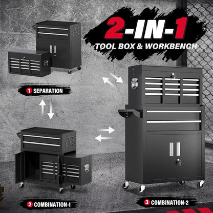 SUNCROWN 2-IN-1 Tool Chest, 8-Drawer Rolling Tool Chest with Hooks and Lockable Wheels,Metal Storage Detachable Top Tool Box with Lockable Wheels for Garage, Workshop, Art Studio(Black)