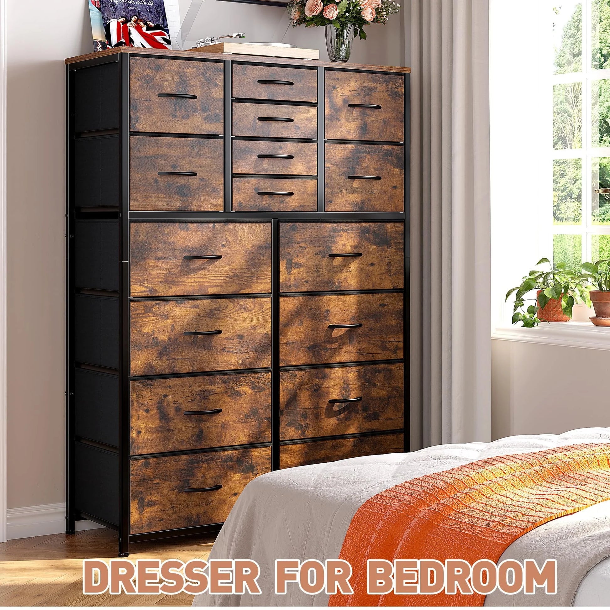 EnHomee Large Dresser for Bedroom Furniture Dresser with 16 Drawers Fabric Tall Dresser Closet Dresser Chest of Drawers Clothes Storage Slim for Living Room Office, Rustic Brown Wood Grain Print