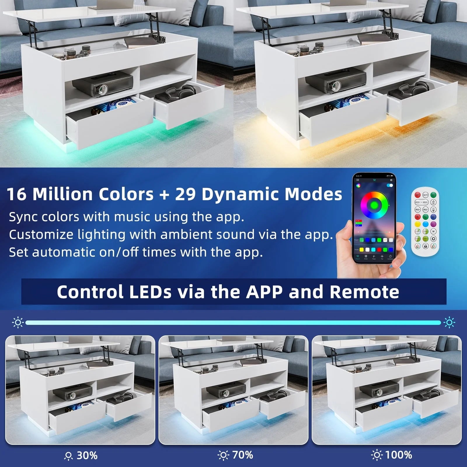 Hommpa Lift Top Coffee Table with 2 Drawers High Gloss Rectangle White Coffee Table with LED Lights and Hidden Storage for Living Room Home Office Center Cocktail Tables 25.19" Height