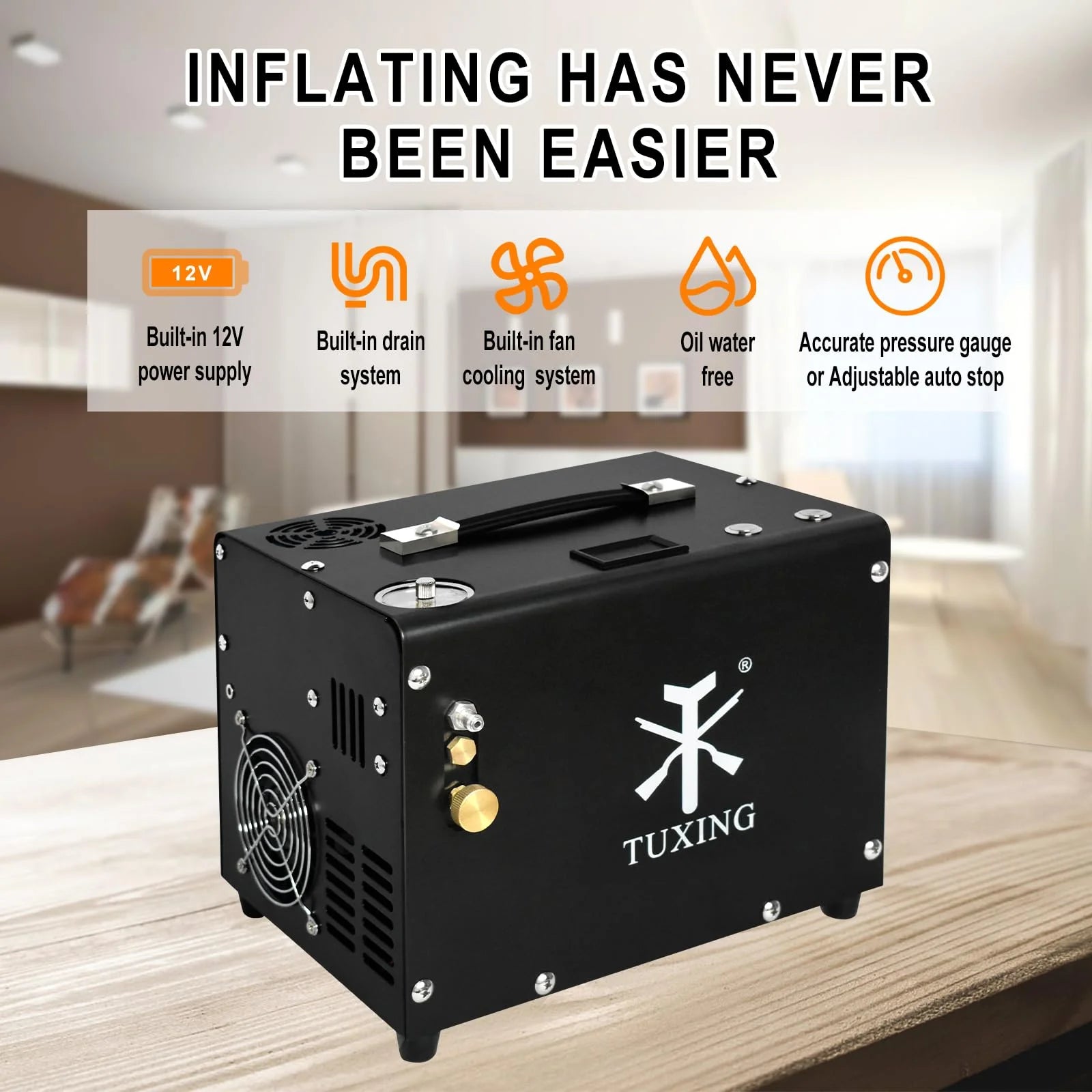 TUXING 4500Psi PCP Air Compressor,Auto-Stop,Oil/Water-Free, High Pressure Air Compressor for Paintball Tank Pump