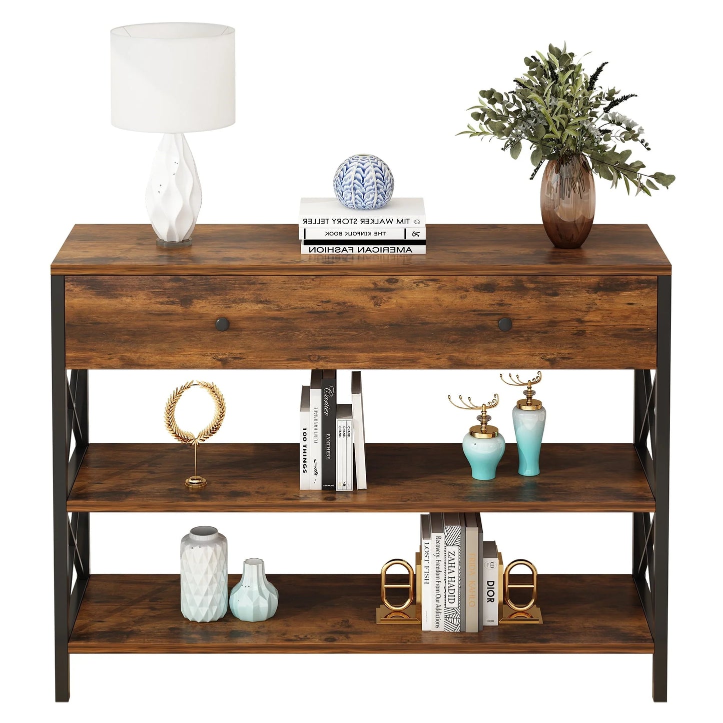 Ktaxon Industrial Console Table Sofa Table with Large Drawer and 2 Storage Shelves, Farmhouse Entryway Table for Living Room Hallway Bedroom, Rustic Brown