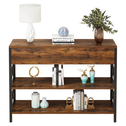 Ktaxon Industrial Console Table Sofa Table with Large Drawer and 2 Storage Shelves, Farmhouse Entryway Table for Living Room Hallway Bedroom, Rustic Brown