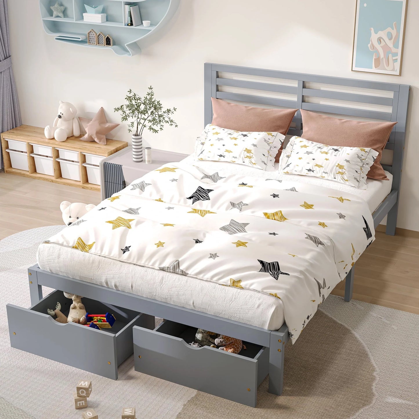 Platform Bed Frame Storage Bed with Headboard, Pine Wood Full Bed Frame for Bedroom, Modern Full Size Bed Frame with Drawers, Wood Slats Support, Holds 400 lb, No Box Spring Needed, Gray