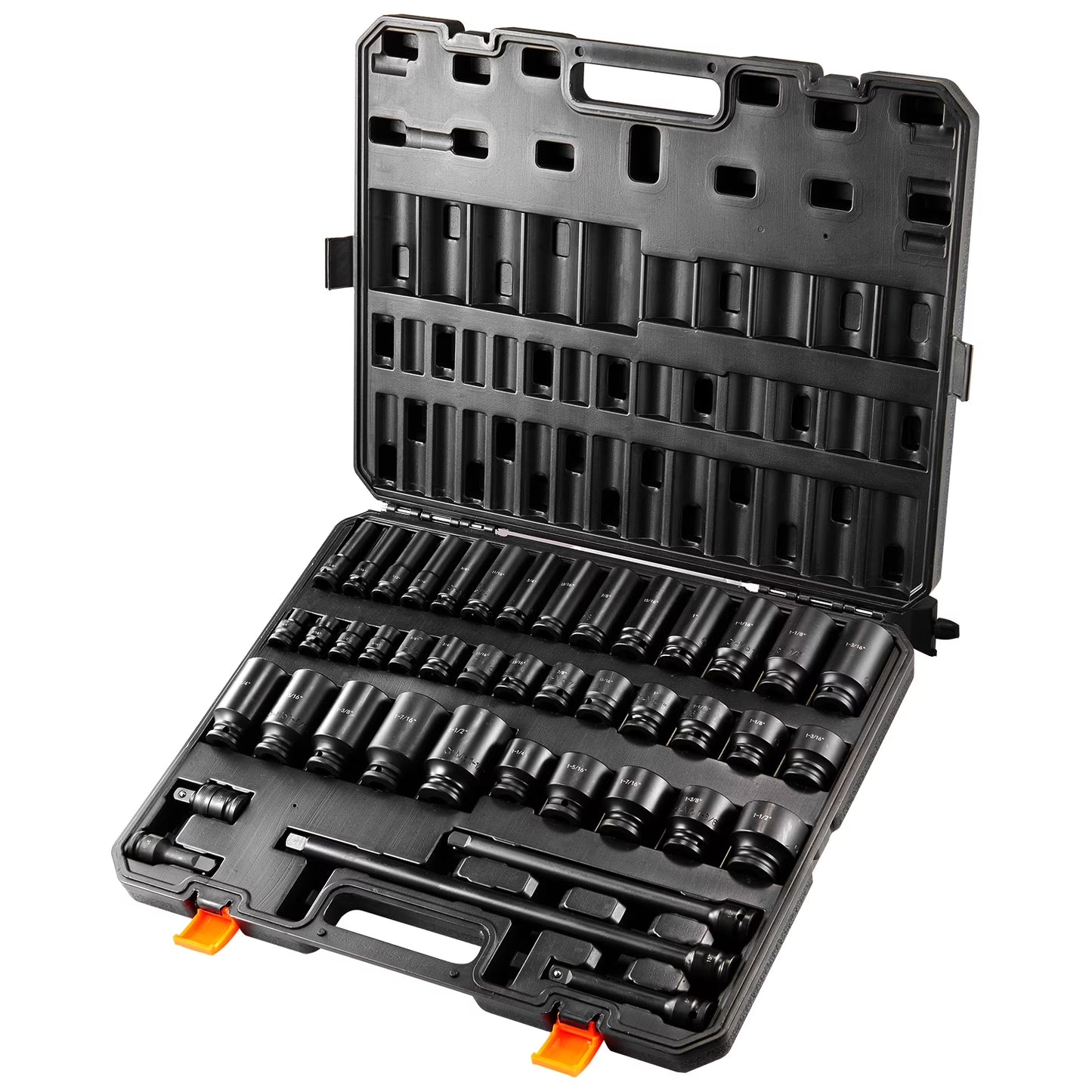 SKYSHALO 43-Pc Impact Socket Set, 1/2" Drive, SAE 3/8"-1-1/2", Deep & Shallow, 6-Point, Cr-Mo Steel, for Automotive Repair, Clear Size Labels, Durable, Includes Case