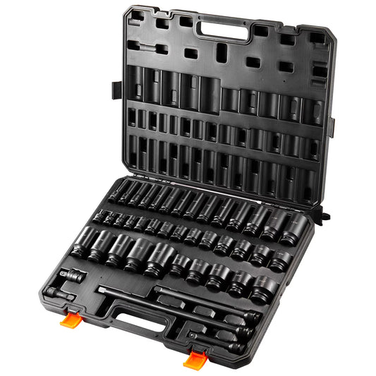 SKYSHALO 43-Pc Impact Socket Set, 1/2" Drive, SAE 3/8"-1-1/2", Deep & Shallow, 6-Point, Cr-Mo Steel, for Automotive Repair, Clear Size Labels, Durable, Includes Case