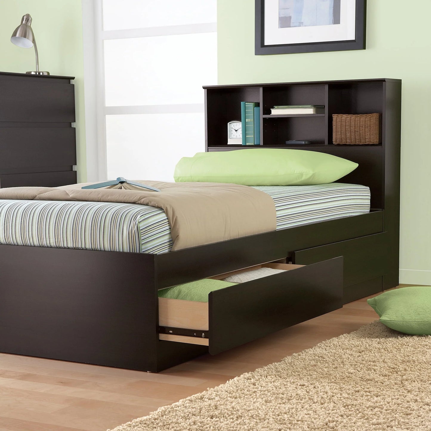 Mainstays Mates Storage Bed with Bookcase Headboard, Twin, Cinnamon Cherry Finish