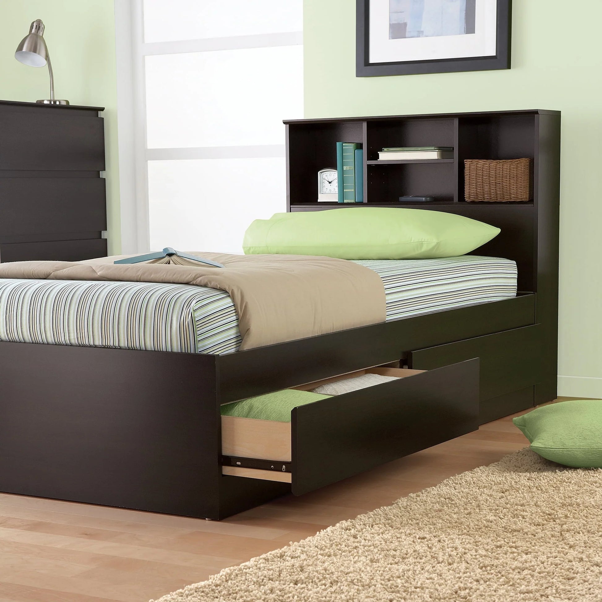 Mainstays Mates Storage Bed with Bookcase Headboard, Twin, Cinnamon Cherry Finish