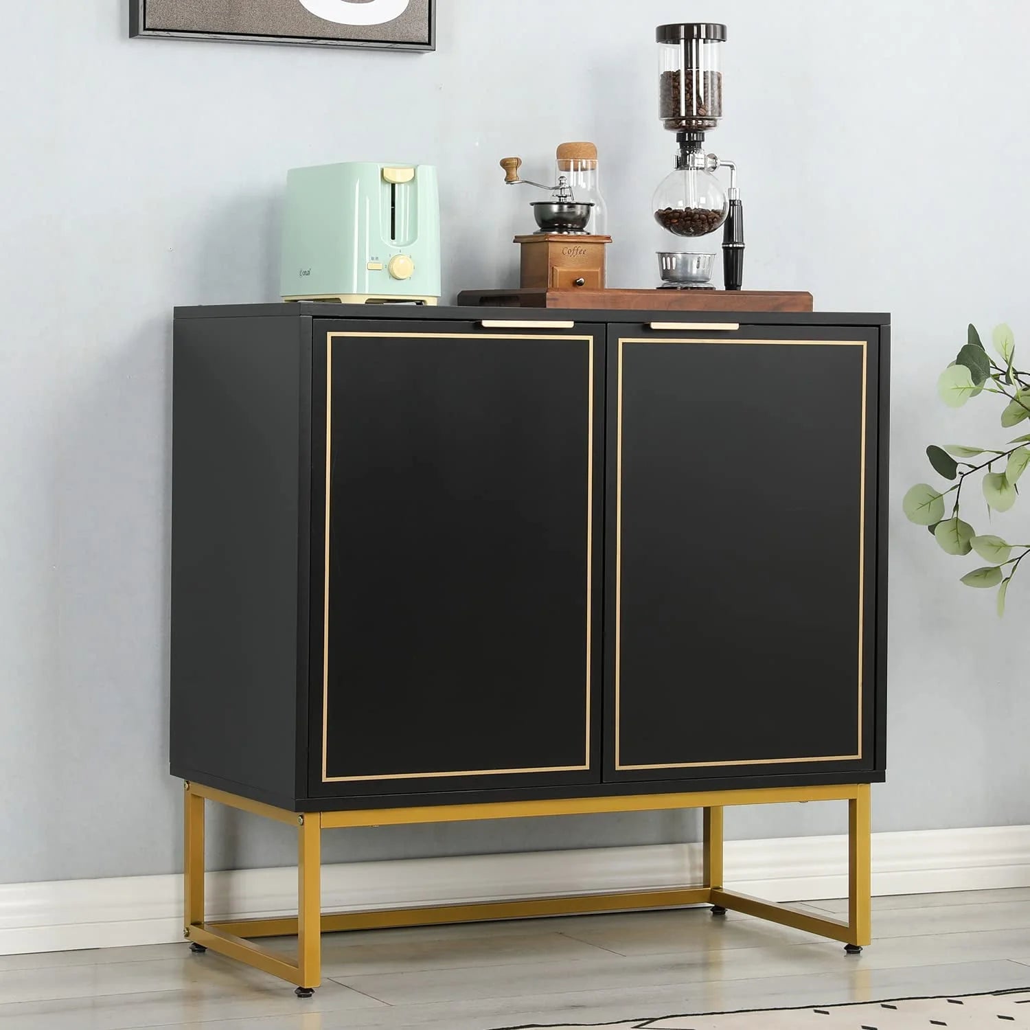 Yoleny 31'' Buffet Cabinet with Storage, Accent Cabinet with 2 Doors, Gold Trim and Golden Legs, Wooden Sideboard with Adjustable Shelf and Feet for Bedroom, Living Room, Kitchen, Hallway, Black