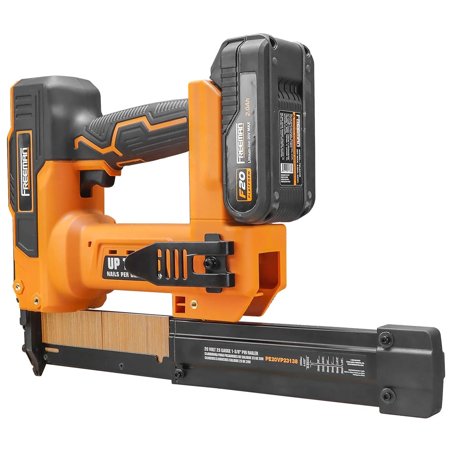 Freeman PE20VP23138 20 Volt Cordless 23-Gauge 1-3/8" Pin Nailer Kit with Lithium Ion Battery, Charger, Bag, and Nails (1000 Count) - 2000 Shots per Charge