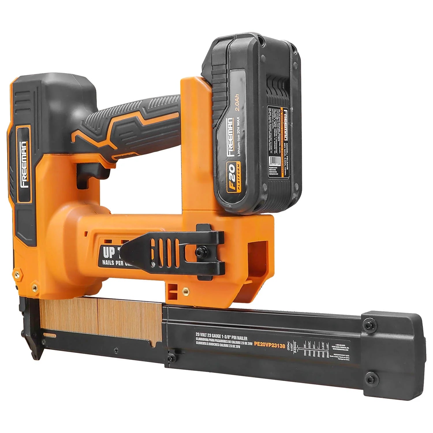 Freeman PE20VP23138 20 Volt Cordless 23-Gauge 1-3/8" Pin Nailer Kit with Lithium Ion Battery, Charger, Bag, and Nails (1000 Count) - 2000 Shots per Charge
