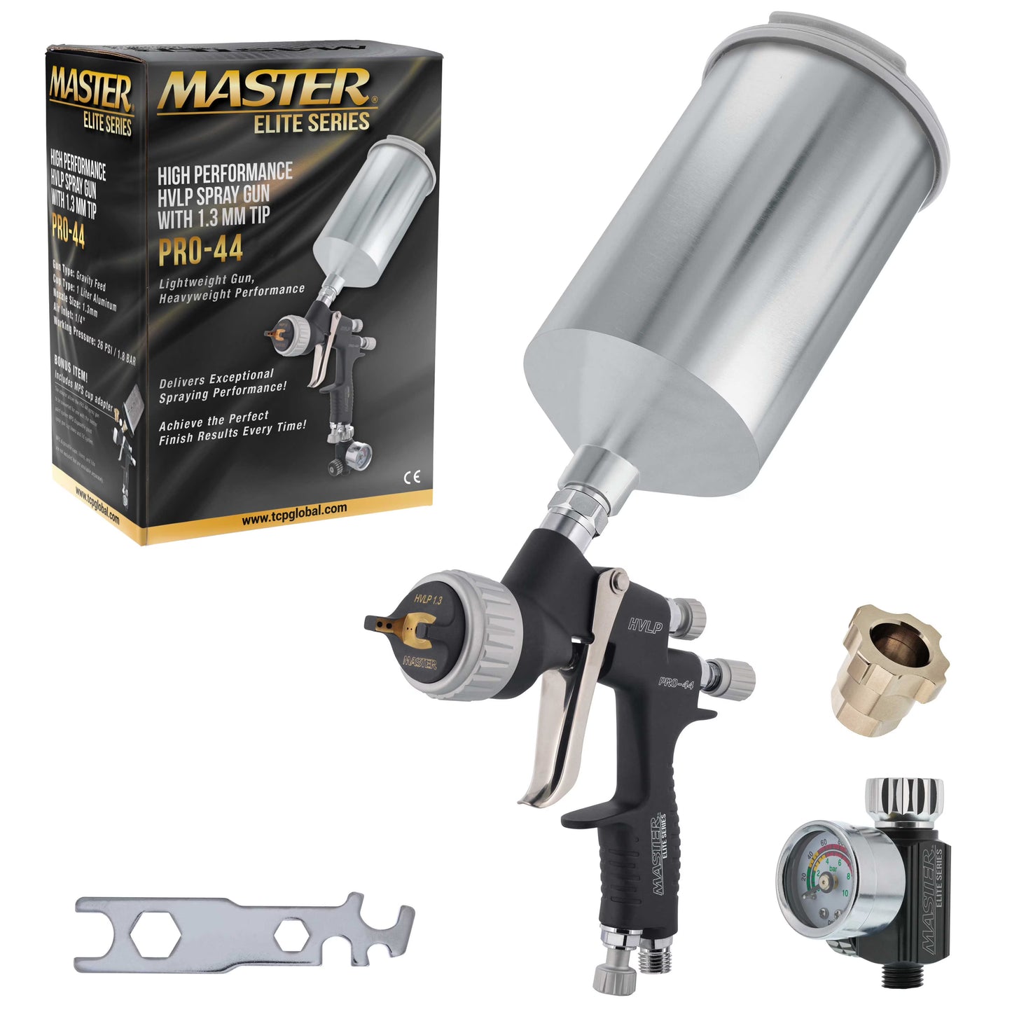 Master Elite Series High Performance HVLP Spray Gun with 1.3mm Tip with High Flow Air Pressure Regulator Gauge