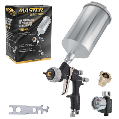 Master Elite Series High Performance HVLP Spray Gun with 1.3mm Tip with High Flow Air Pressure Regulator Gauge