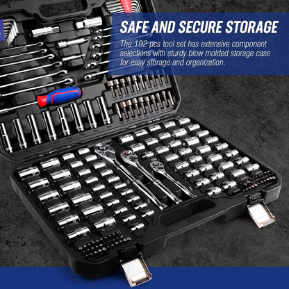 WORKPRO Mechanics Tools Kit and Socket Set, 192-Piece, SAE& Metric, 1/2'', 1/4'', 3/8'' Drive Socket Ratchet Wrench Set with Molded Case
