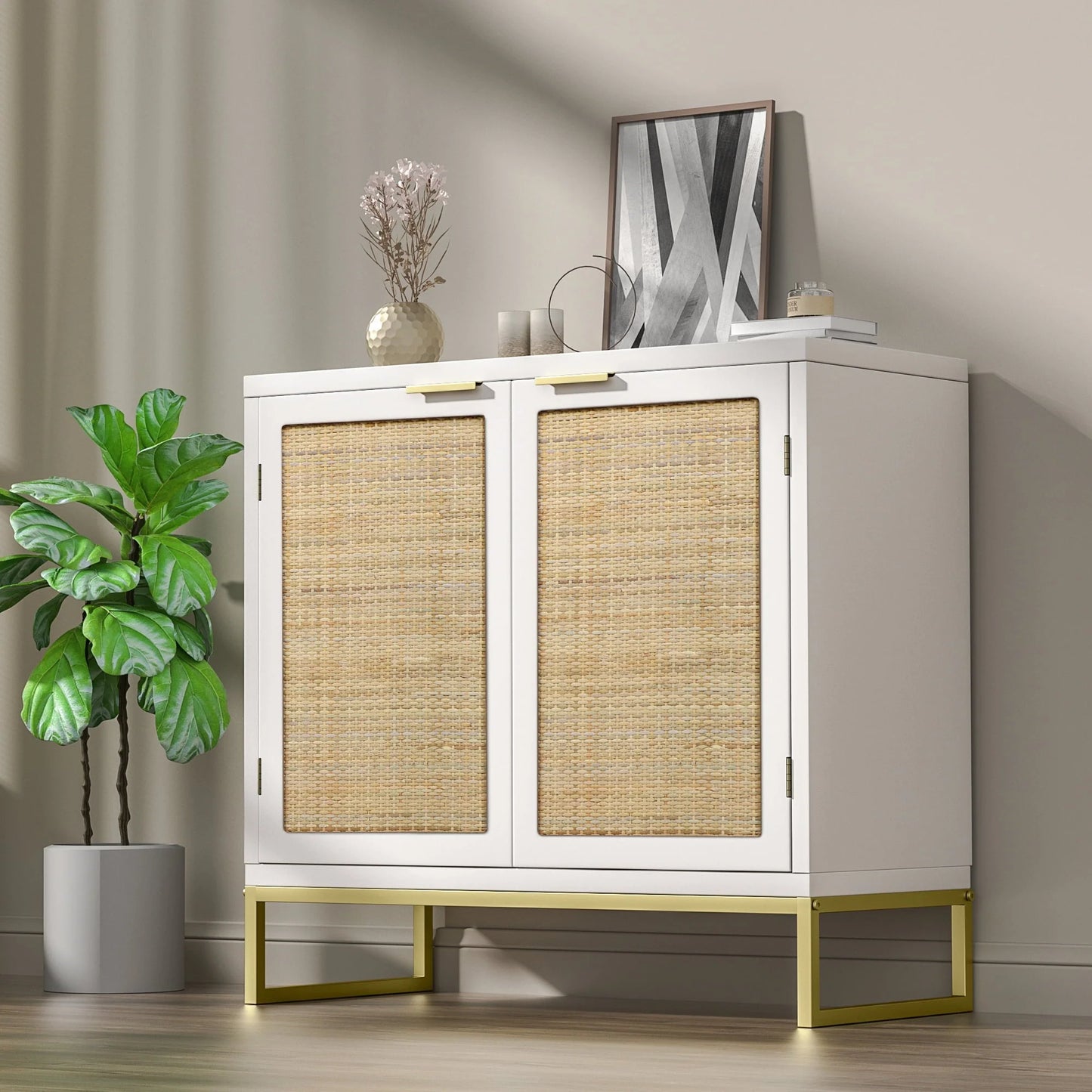 Eumyviv Modern Accent Sideboards Cabinets with 2 Rattan Doors, Mid-Century Buffets Storage Credenzas for Bedroom Living Room,Black,H0046