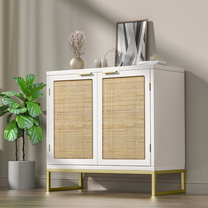 Eumyviv Modern Accent Sideboards Cabinets with 2 Rattan Doors, Mid-Century Buffets Storage Credenzas for Bedroom Living Room,Black,H0046