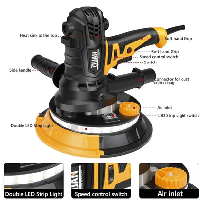 Handheld Drywall Sander 900W, 1400-2700RPM Portable Electric Wall Polishing Machine,Electric Drywall Sander with Vacuum, LED light,Rough and fine Sanding,12 PCS Sanding Disc