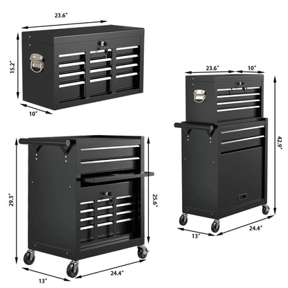 Aukfa Tool Box, 2 in 1 Steel Rolling Tool Chest & Cabinet On Wheels for Garage, 8-Drawer, Black