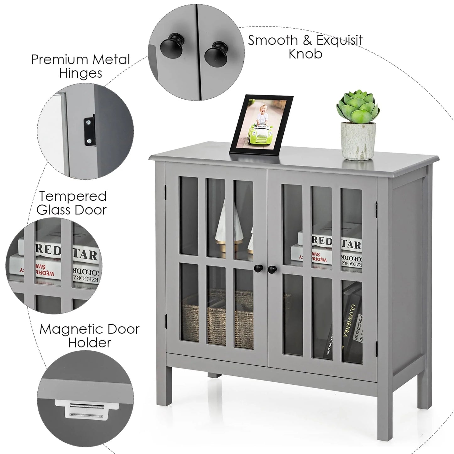 Costway Storage Buffet Cabinet Glass Door Sideboard Console Table Server Gray