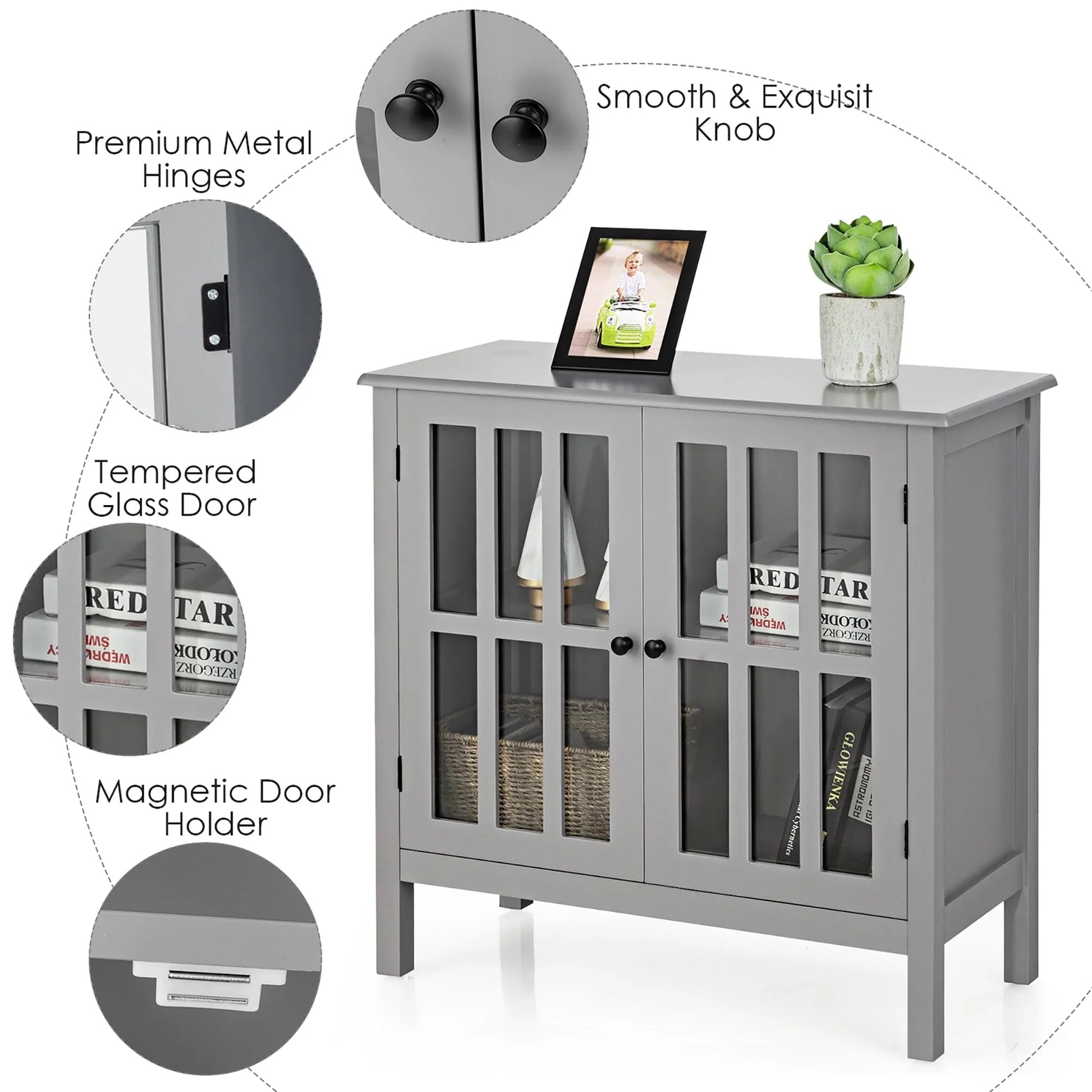 Costway Storage Buffet Cabinet Glass Door Sideboard Console Table Server Gray
