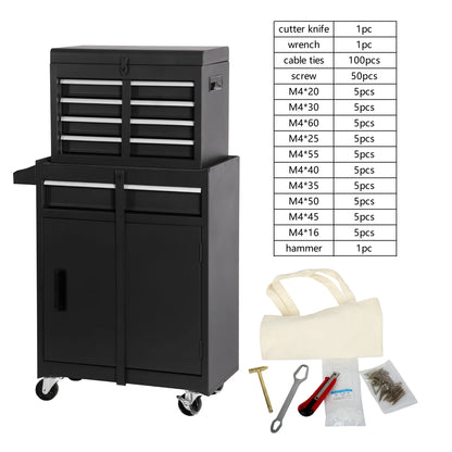 Rolling Tool Box, 5-Drawer Tool Chest On Wheels, Heavy Duty Garage Storage Cabinet with Top Box, 154pcs tools, Detachable Tool Organizer Lockable